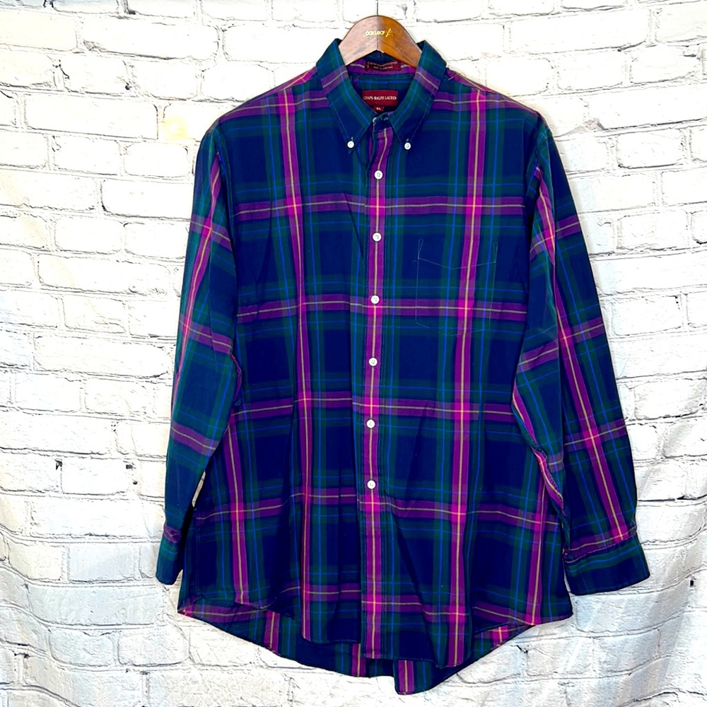 Chaps Ralph Lauren Vintage Navy Plaid Long Sleeve Button Down Shirt Size X-Large
